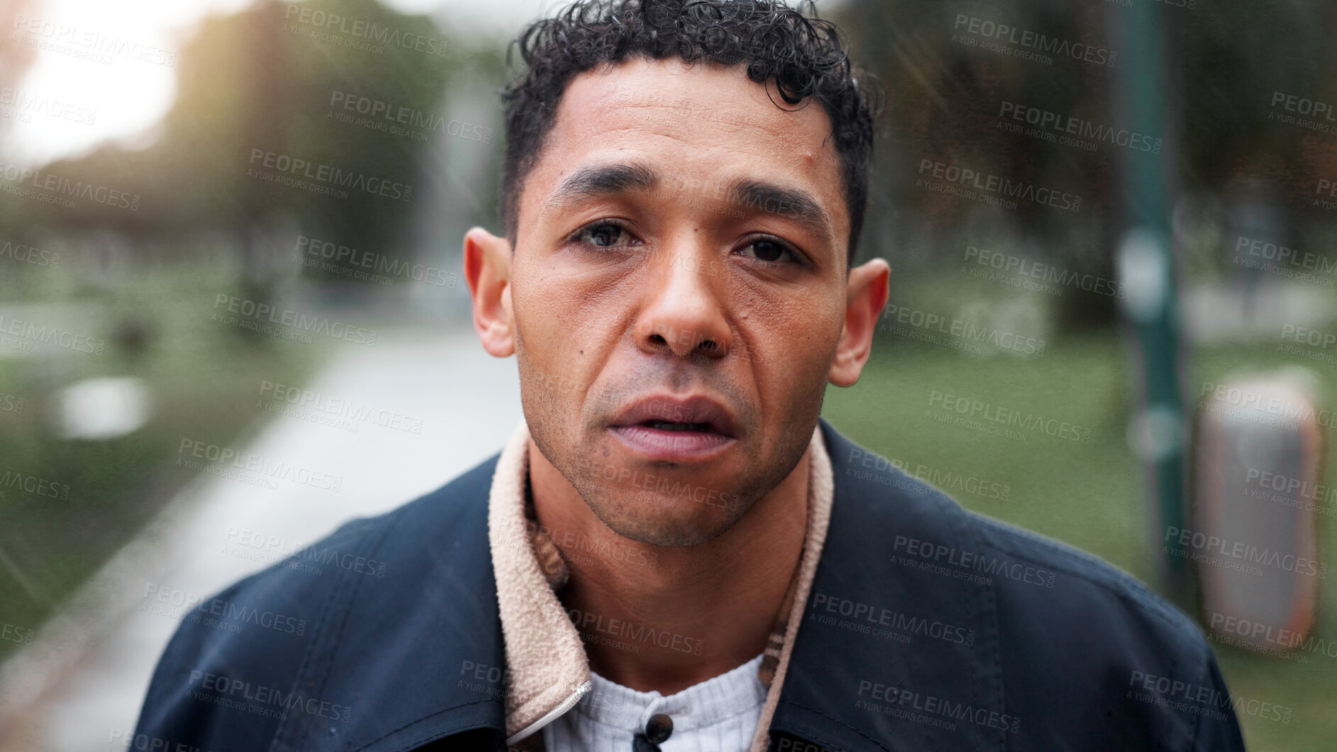 Buy stock photo Man, portrait and sad with begging face for sympathy, poverty or weakness at outdoor park. Male person, beggar or desperate homeless guy with depression for aid, jobless or unemployment in refugee