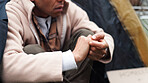 Homeless, poverty and winter with hands of person for depression, unemployment rate and crisis. Mental health, refugee and welfare aid with closeup of beggar and tent for tired, poor and worry