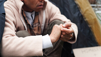 Buy stock photo Homeless, poverty and winter with hands of person for depression, unemployment rate and crisis. Mental health, refugee and welfare aid with closeup of beggar and tent for tired, poor and worry