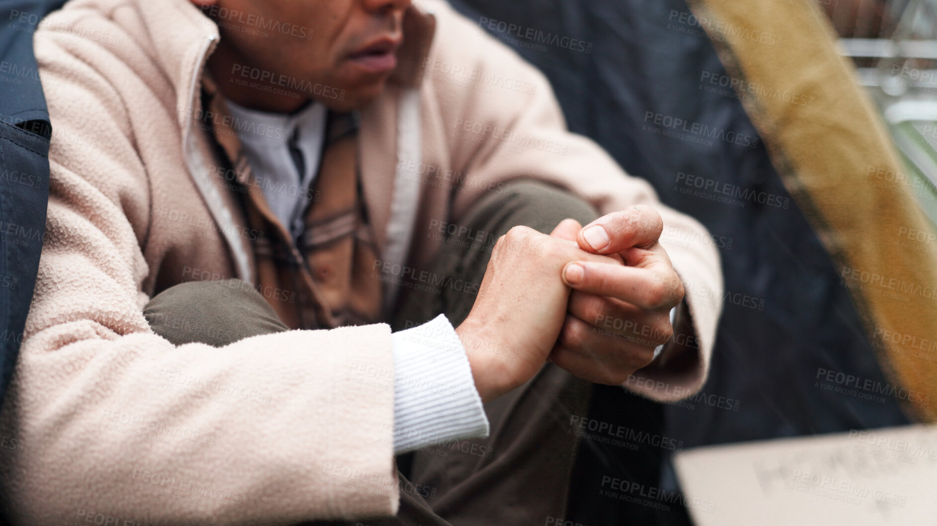 Buy stock photo Homeless, poverty and winter with hands of person for depression, unemployment rate and crisis. Mental health, refugee and welfare aid with closeup of beggar and tent for tired, poor and worry