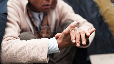 Buy stock photo Homeless, poverty and cold with hands of person for depression, unemployment rate and crisis. Mental health, refugee and welfare aid with closeup of beggar and tent for tired, poor and worry