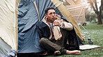 Man, poverty and outdoor with alcohol, homeless and tent with addiction, thinking and perspective on ground. Person, bottle and sad with reflection for grief, bankrupt and poor with stress in Brazil