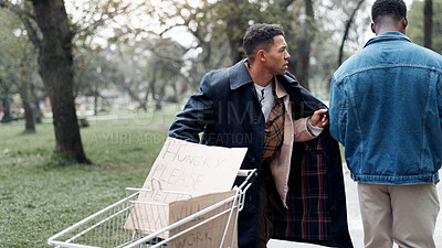 Buy stock photo Homeless man, poverty and shopping cart with begging, change and donation for food, shelter or support. Person, money and outdoor with sign with financial crisis, poor and asking for help at park