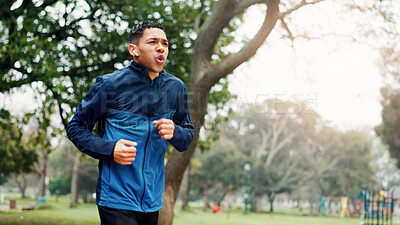 Buy stock photo Nature, fitness and man running in park for race, marathon or challenge training outdoor. Sports, exercise and male athlete with cardio workout for health and wellness in garden for activity. 