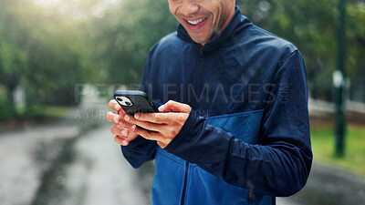 Buy stock photo Nature, cellphone and hands of man with fitness routine on mobile app for outdoor training with workout. Phone, park and male athlete with tech for networking on cardio exercise in morning.