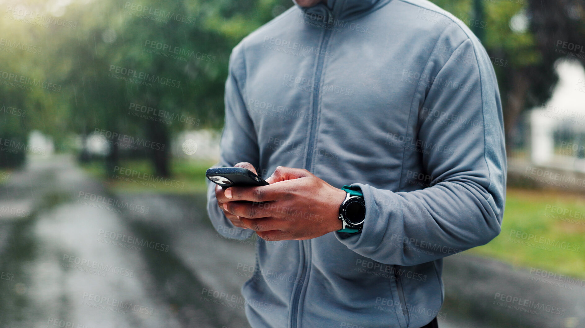 Buy stock photo Nature, smartphone and hands of man with fitness routine on mobile app for outdoor training with workout. Cellphone, park and male athlete with technology for networking on cardio exercise in morning
