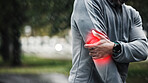 Fitness, red glow and man with pain, injury or accident on run for marathon, race or training. Sports, exercise and athlete with muscle sprain, inflammation or tender joint in arm for cardio workout.