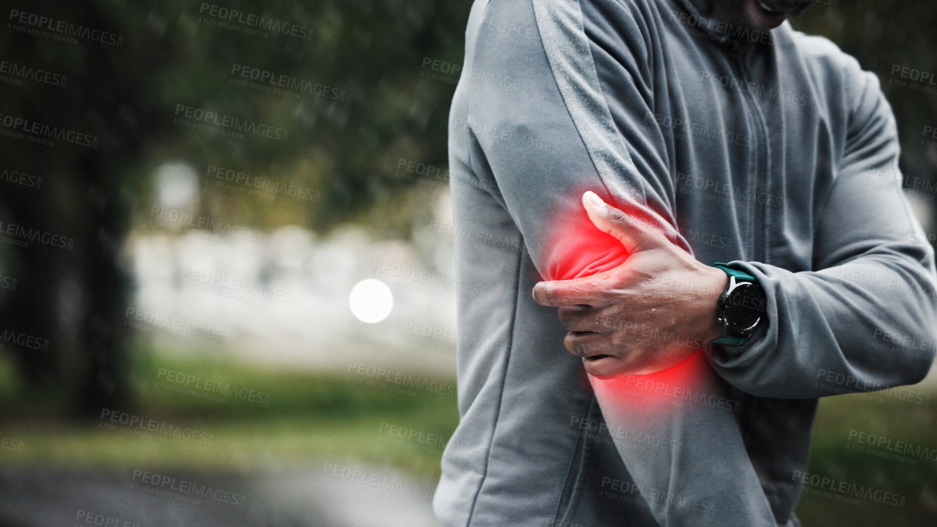 Buy stock photo Fitness, red glow and elbow with pain, injury or accident on run for marathon, race or training. Sports, exercise and man with muscle sprain, inflammation or tender joint in arm for outdoor workout