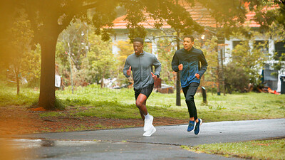 Buy stock photo Friends, fitness and men running in road for marathon training, wellness competition or cardio exercise. Race, teamwork or runner club with physical workout, sports challenge or morning jog at park