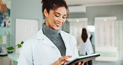 Buy stock photo Tablet, woman and optometrist in store for vision, eyecare or wellness report online. Happy, research and female optician with digital technology for checking ophthalmology appointment in shop.