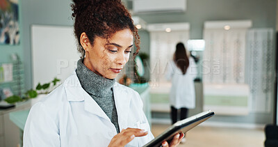 Buy stock photo Tablet, woman and optometrist in clinic for vision, medical treatment or check eyesight test results. Digital technology, optician or store for ophthalmology, research or prescription for eye health