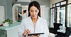 Eye health, woman and optometrist on tablet for vision, medical treatment or check eyesight test results. Digital technology, optician or store for ophthalmology research, telehealth or prescription