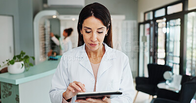 Buy stock photo Eye health, woman and optometrist on tablet for vision, medical treatment or check eyesight test results. Digital technology, optician or store for ophthalmology research, telehealth or prescription