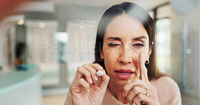 Buy stock photo Portrait, eye exam and consulting with woman at optometrist for myopia, vision and help pov. Healthcare, ophthalmologist and optical frame with person in clinic for patient care and medical lens