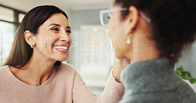 Buy stock photo Glasses, eye exam and consulting with women at optometrist for astigmatism, vision and help. Healthcare, ophthalmologist and optical frame with people in clinic for patient care and medical lens
