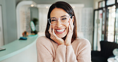Buy stock photo Eyewear, portrait and smile of woman in optometry office for prescription frame lenses or vision. Glasses, medical and satisfaction with happy customer at optometrist for appointment or checkup
