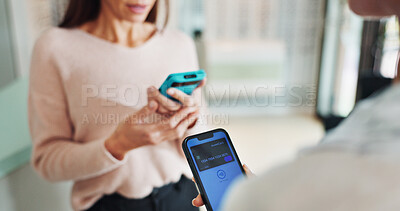 Buy stock photo Fintech, payment and phone screen with people in optometry store for nfc transaction. Hands, medical account and tap to pay with customer at optometrist for ecommerce, money transfer or purchase