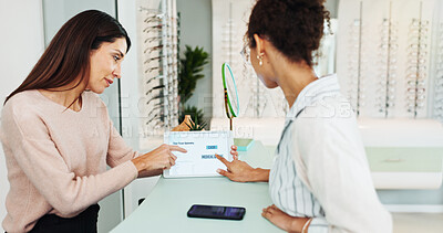 Buy stock photo Healthcare, optometry and tablet screen with people in clinic for account, consulting or payment. Invoice, policy or welcome with optometrist and woman client in hospital for prescription lenses
