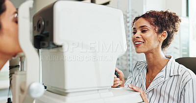 Buy stock photo Eye exam, equipment or healthcare with optometrist and patient in clinic for visual assessment. Autorefractor, medical and test with people in optometry store for prescription frame lenses or vision