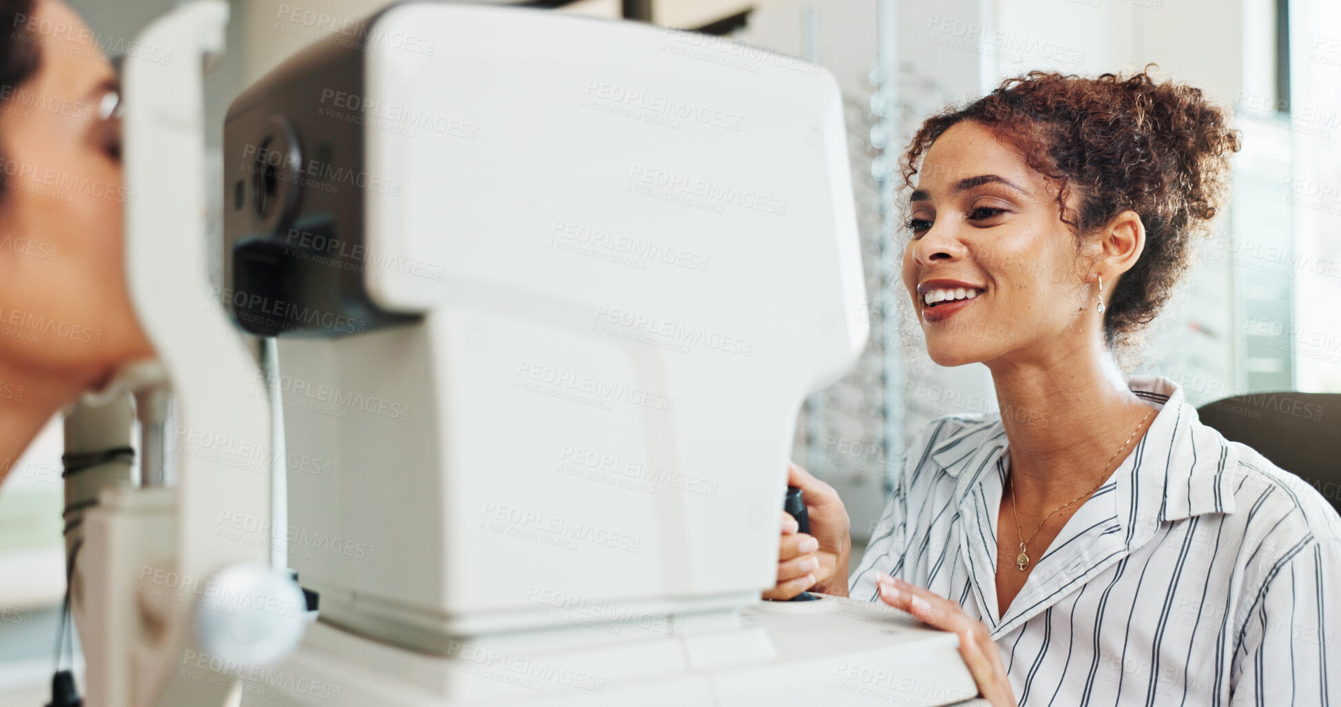 Buy stock photo Eye exam, equipment or healthcare with optometrist and patient in clinic for visual assessment. Autorefractor, medical and test with people in optometry store for prescription frame lenses or vision
