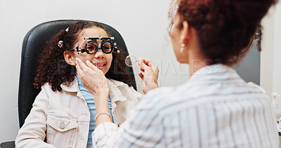 Buy stock photo Eye test, optometry or optician with girl child in clinic with diagnostic tool for prescription lens. Ophthalmology, glasses or optometrist in vision assessment with kid, machine or medical equipment