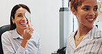 Eye test, cover or smile with women in clinic with diagnostic tool for prescription lens or help. Service, depth perception or optometrist in vision assessment with person, optician or visual check