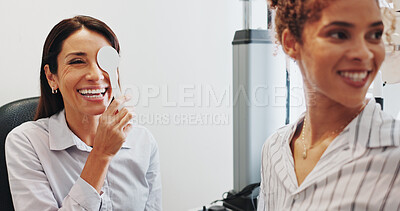 Buy stock photo Eye test, cover or smile with women in clinic with diagnostic tool for prescription lens or help. Service, depth perception or optometrist in vision assessment with person, optician or visual check