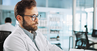 Buy stock photo Scientist, man and thinking for research at medical lab, review or glasses for pharma job. Person, insight and perspective with process for vaccine development, trial or clinical study for innovation