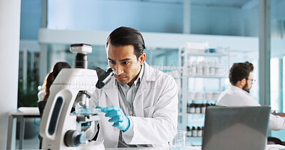 Buy stock photo Microscope, science and research with man in laboratory for dna sample, forensics investigation and healthcare. Laptop report, genetic analysis and medical test with person for pathology and clinic