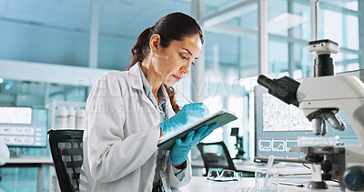 Buy stock photo Scientist, woman and tablet with digital notes for biology, innovation or medical research analysis. Biotech, laboratory and thinking with DNA study for pharmaceutical RNA or pathology experiment