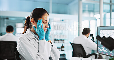 Buy stock photo Headache, fatigue and science with woman in laboratory for research mistake, clinical trial fail or burnout. Healthcare error, tired and medical test results with person for stress and crisis