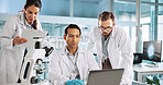 Team, scientist and discussion with laptop for research, neuroscience innovation and analysis on clipboard. Science lab, medical collaboration and computer with test results, planning and healthcare