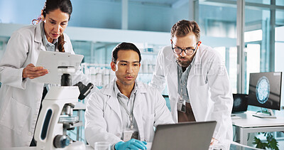 Buy stock photo Team, scientist and discussion with laptop for research, neuroscience innovation and people with clipboard. Science lab, medical collaboration and computer with test results, planning and healthcare