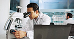 Microscope, healthcare and research with man in laboratory for dna sample, forensics investigation and science. Laptop report, genetic analysis and medical test with person for pathology and clinic