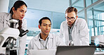 Team, scientist and people with laptop for research, neuroscience innovation and analysis on clipboard. Science lab, medical collaboration and computer with test discussion, planning and healthcare