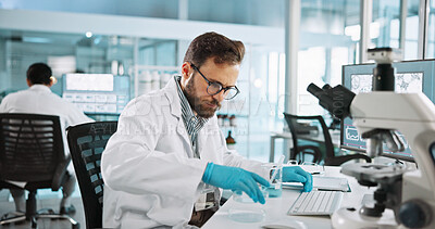 Buy stock photo Petri dish, science and chemical with man in laboratory for tissue sample, cancer research and healthcare. Cell treatment, report and medical test with person in clinic for tumor enzyme and record