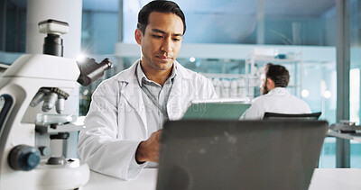 Buy stock photo Tablet, science and research with man in laboratory for DNA sample, forensics investigation and healthcare. Laptop report, genetic analysis and medical test with person for pathology and clinic