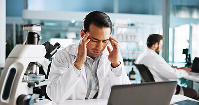 Buy stock photo Headache, laptop and science with man in laboratory for research mistake, clinical trial fail or burnout. Healthcare error, tired and medical test results with person in clinic for online and glitch