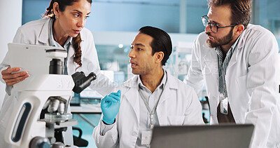 Buy stock photo Team, scientist and discussion with clipboard in lab for cure discovery, breakthrough or innovation. Science, medical collaboration or people on laptop for test results, pharma research or checklist