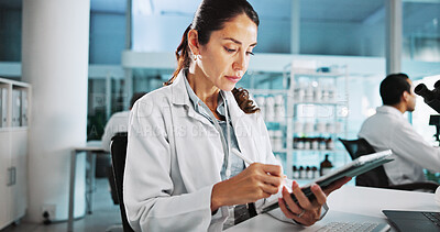 Buy stock photo Scientist, woman and medical research with tablet at lab with writing, review and notes for pharma job. Person, gloves and equipment with application for vaccine development, trial and clinical study