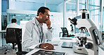 Fatigue laptop and science with man in laboratory for healthcare, medical or pharmaceutical innovation. Computer, microscope and yawning with tired scientist in clinical trial for development