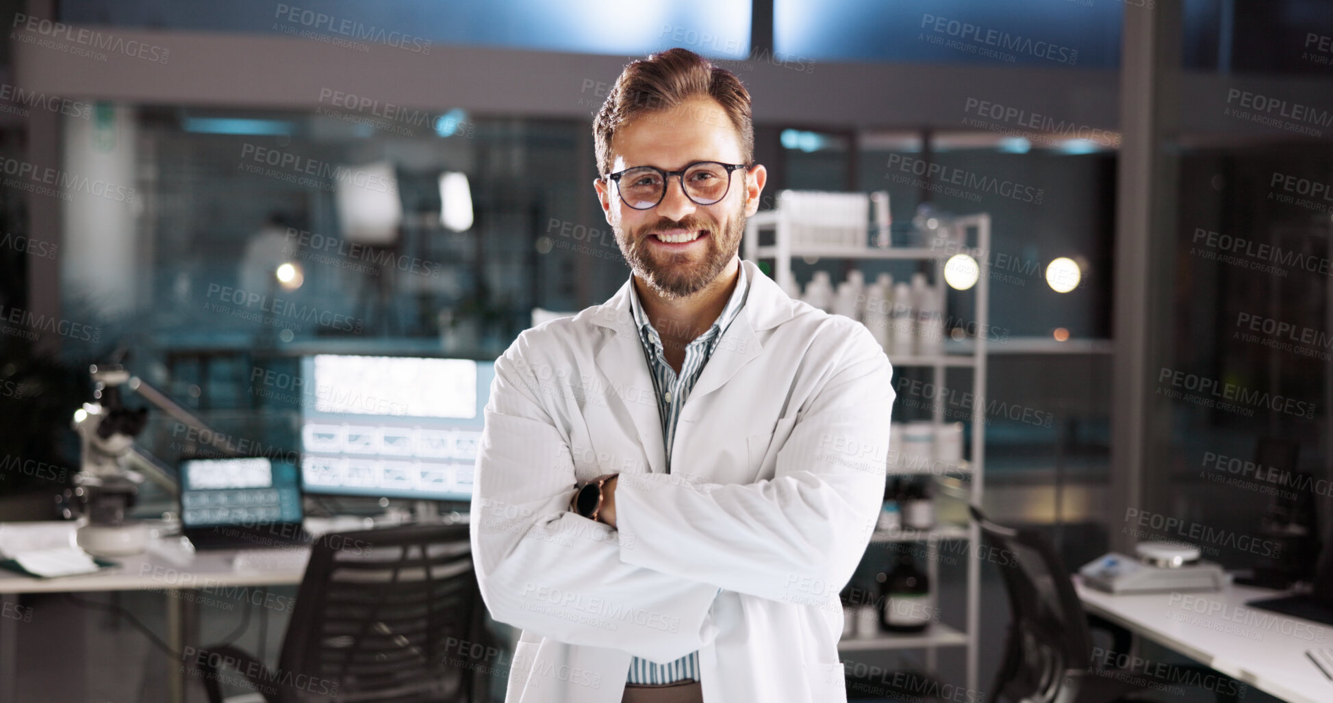 Buy stock photo Portrait, research and man with arms crossed, science and smile with confidence. Face, happy person and scientist in laboratory, medical innovation and development for cure, pride and career ambition