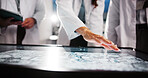 Scientist, hands and discussion with screen for lab review, medical research or innovation. Computer table, interactive display or clinical analysis for science data, people meeting and study results