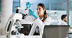 Scientist, woman and chemical with laptop for liquid, breakthrough or medical notes analysis. Biotech, laboratory and microscope with DNA for pharmaceutical RNA study or chemistry experiment project