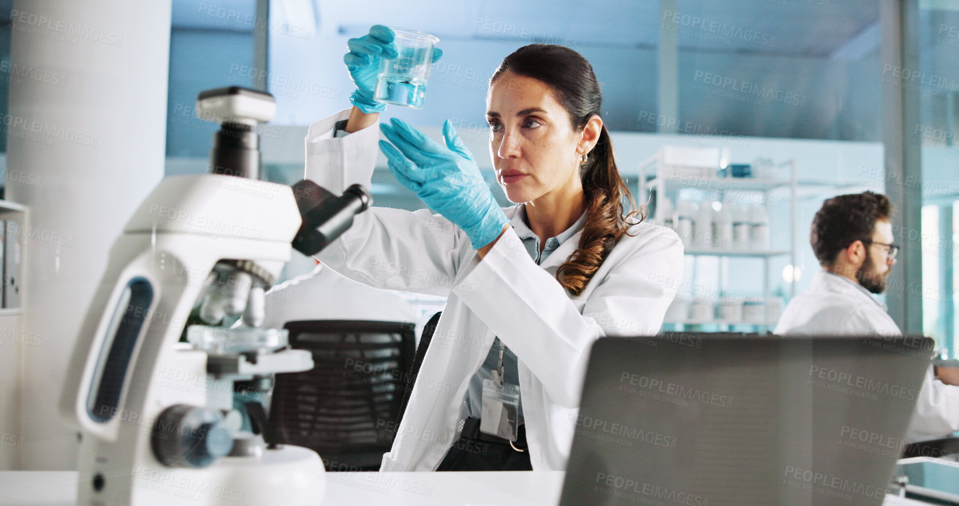 Buy stock photo Scientist, woman and chemical with laptop for liquid, breakthrough or medical notes analysis. Biotech, laboratory and microscope with DNA for pharmaceutical RNA study or chemistry experiment project