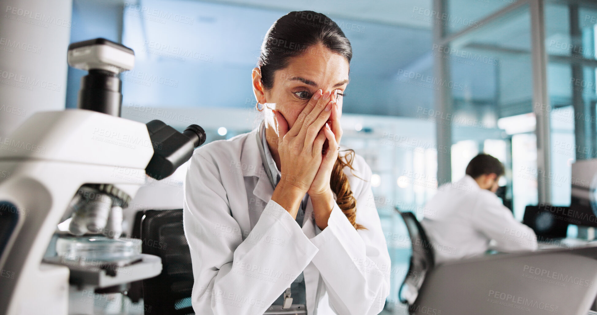 Buy stock photo Woman, scientist and stress with mistake in lab with laptop, review and worry for results with medical research. Person, shock and glitch with error, fail or 404 notification with clinical study