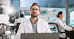 Thinking, laptop and idea with man in laboratory for clinical trail, reflection and research. Medical journal report,  vision and pharmacy drug development with person for healthcare and science