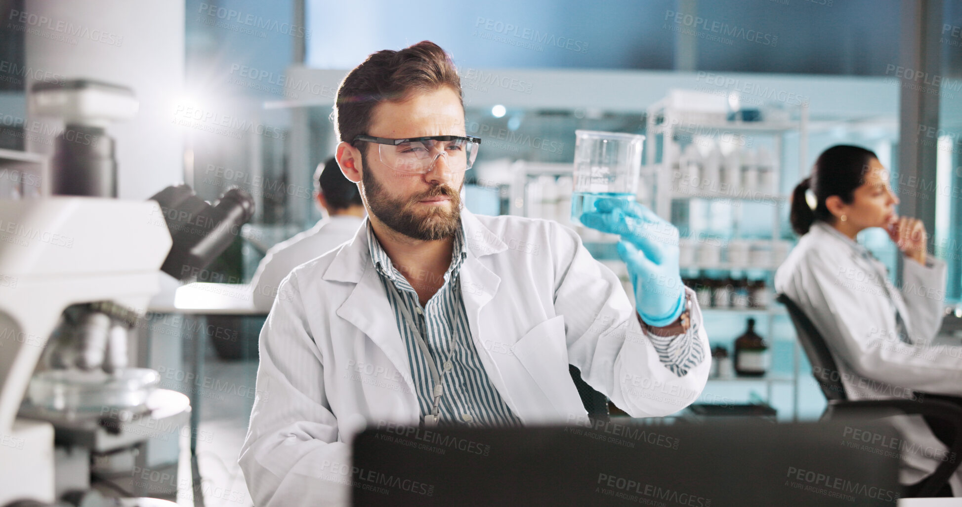 Buy stock photo Scientist, man and chemical with laptop for research, breakthrough or medical notes analysis. Biotech, laboratory and microscope with DNA for pharmaceutical RNA study or chemistry experiment project