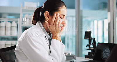 Buy stock photo Woman, scientist and headache in lab with research for medical development, virus or bacteria. Person, computer screen and clinical study for vaccine with burnout, pain or migraine with pharma career