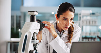 Buy stock photo Scientist, woman and microscope with laptop for research, breakthrough or medical notes analysis. Biotech, laboratory and check with DNA for pharmaceutical RNA study or chemistry experiment project